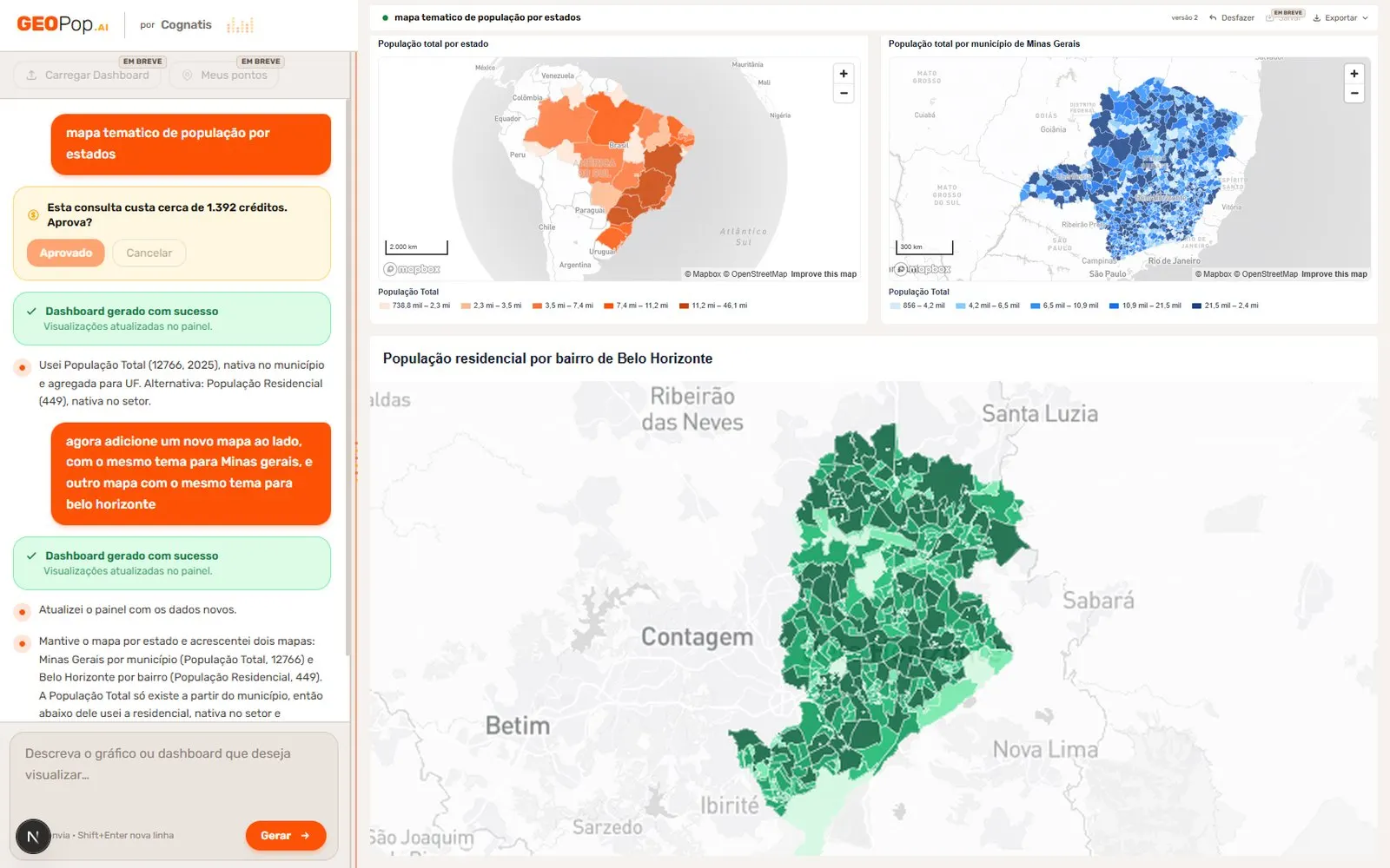 GeoPop.ai: a conversa à esquerda; à direita, mapas de população por estado, por município de Minas Gerais e por bairro de Belo Horizonte