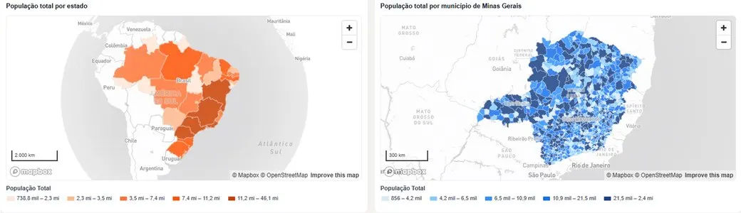 GeoPop.ai: mapa de população por estado e mapa de população por município de Minas Gerais, gerados a partir das duas perguntas