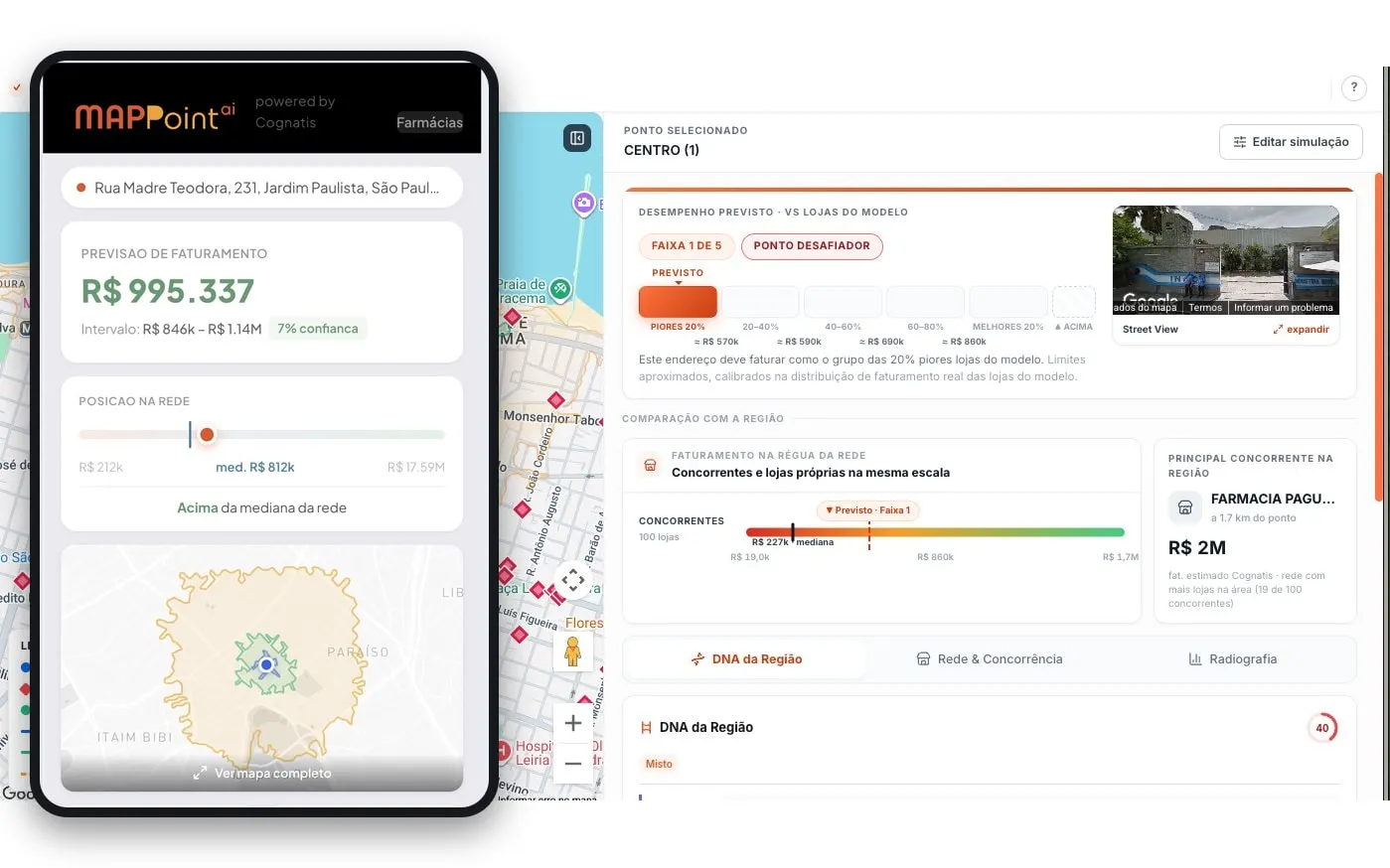 MapPoint.ai: previsão de faturamento de um ponto, no computador e no celular
