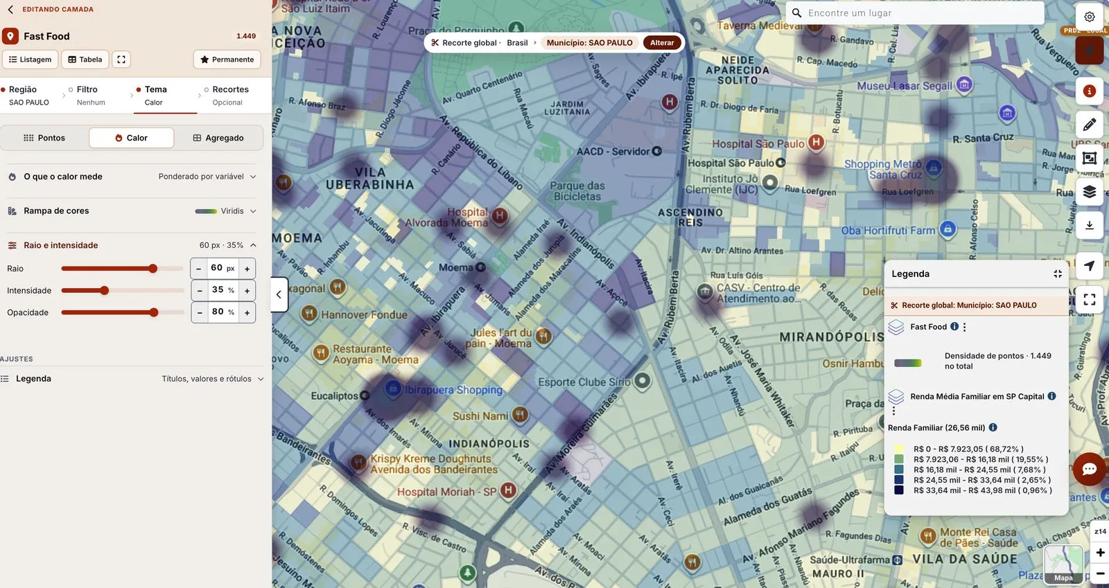 Tela do NetTool Pro: mapa de calor de lanchonetes sobre a renda familiar por quadra em São Paulo