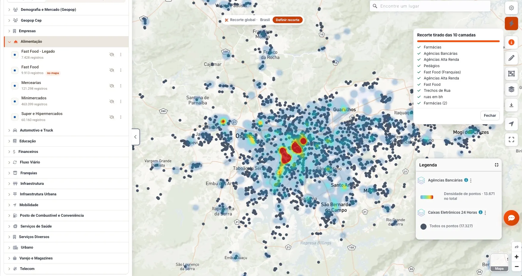 NetTool Pro: mapa de calor de agências bancárias em São Paulo, com dez camadas de dados