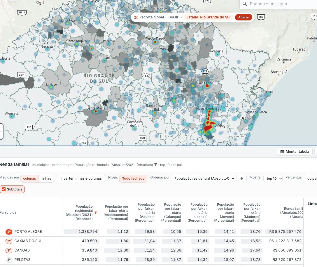 NetTool Pro: Rio Grande do Sul no mapa e, embaixo, tabela de municípios com população, faixas etárias e renda